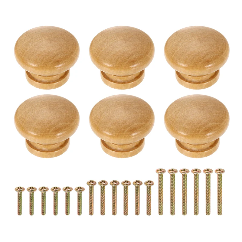 6Pcs 1.6" Dia Mushroom Shape Paint Round Wood Drawer Knob with Screw, Wood Color