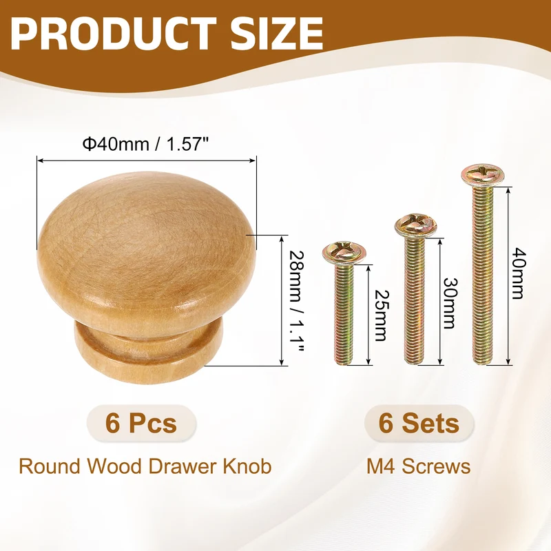 6Pcs 1.6" Dia Mushroom Shape Paint Round Wood Drawer Knob with Screw, Wood Color