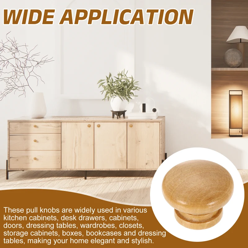 6Pcs 1.6" Dia Mushroom Shape Paint Round Wood Drawer Knob with Screw, Wood Color