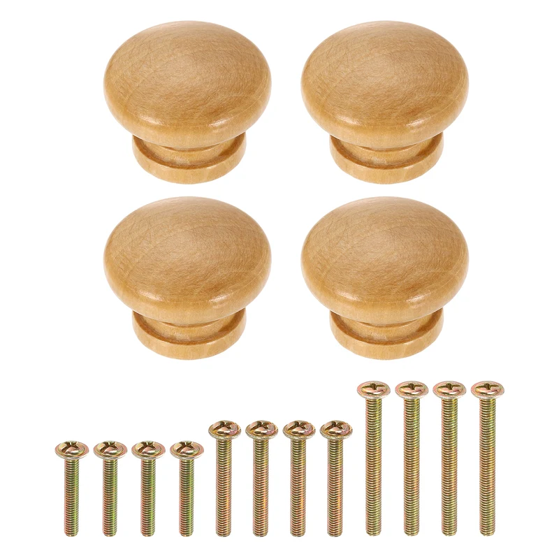 4Pcs 1.6" Dia Mushroom Shape Paint Round Wood Drawer Knob with Screw, Wood Color