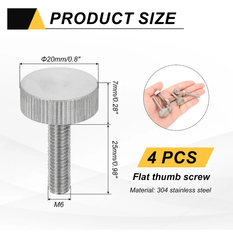 4 PCS M6 x 25mm Flat Knurled Head Thumb Screws for Industry