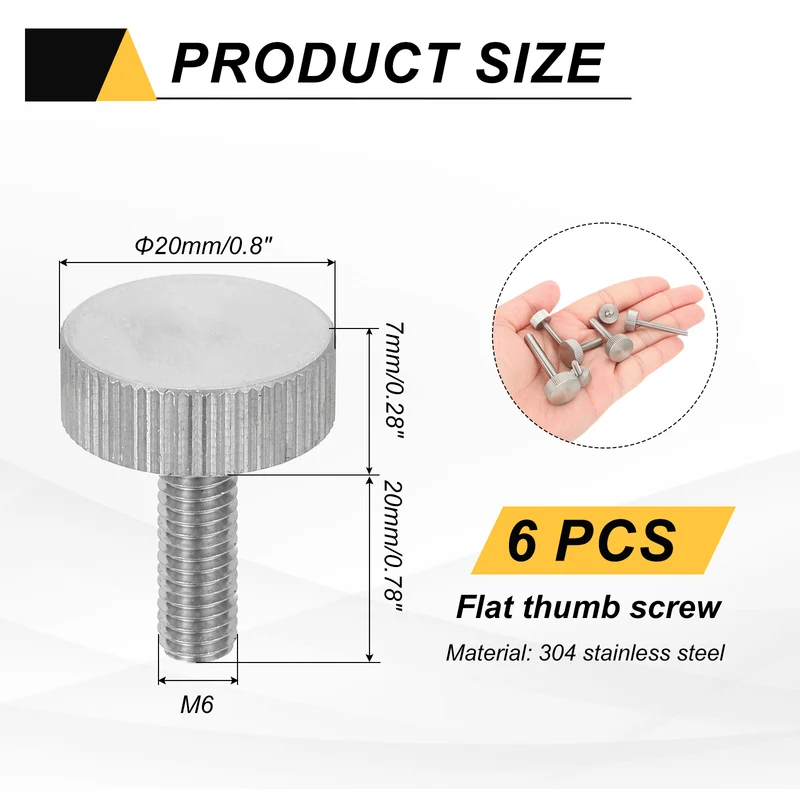 6 PCS M6 x 20mm Flat Knurled Head Thumb Screws for Industry