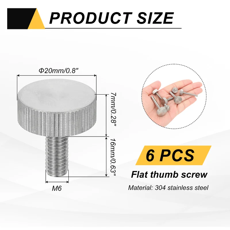 6 PCS M6 x 16mm Flat Knurled Head Thumb Screws for Industry