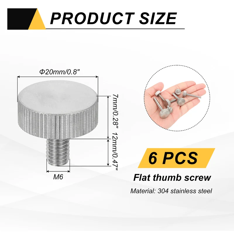 6 PCS M6 x 12mm Flat Knurled Head Thumb Screws for Industry