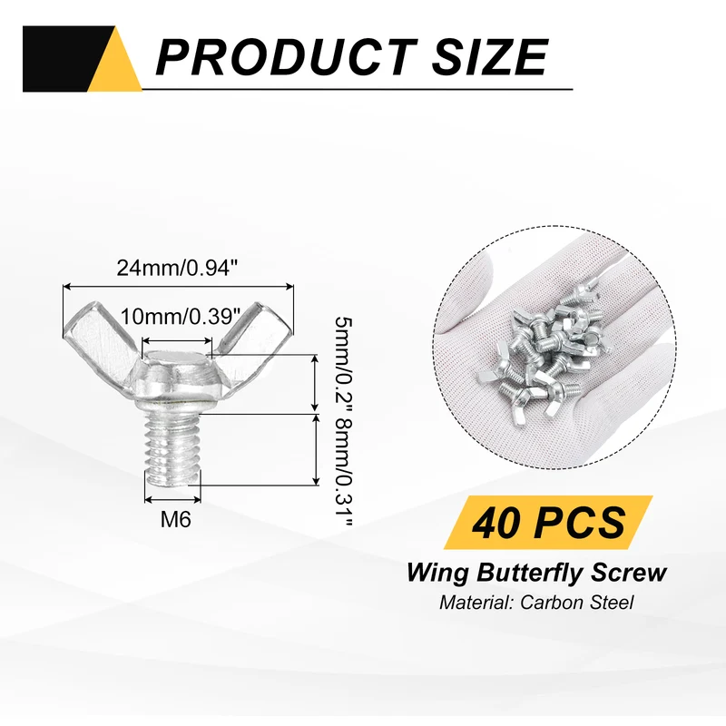 40 Pcs M6x8mm Wing Butterfly Screw Bolts, Carbon Steel Zinc Plated Wing Bolt