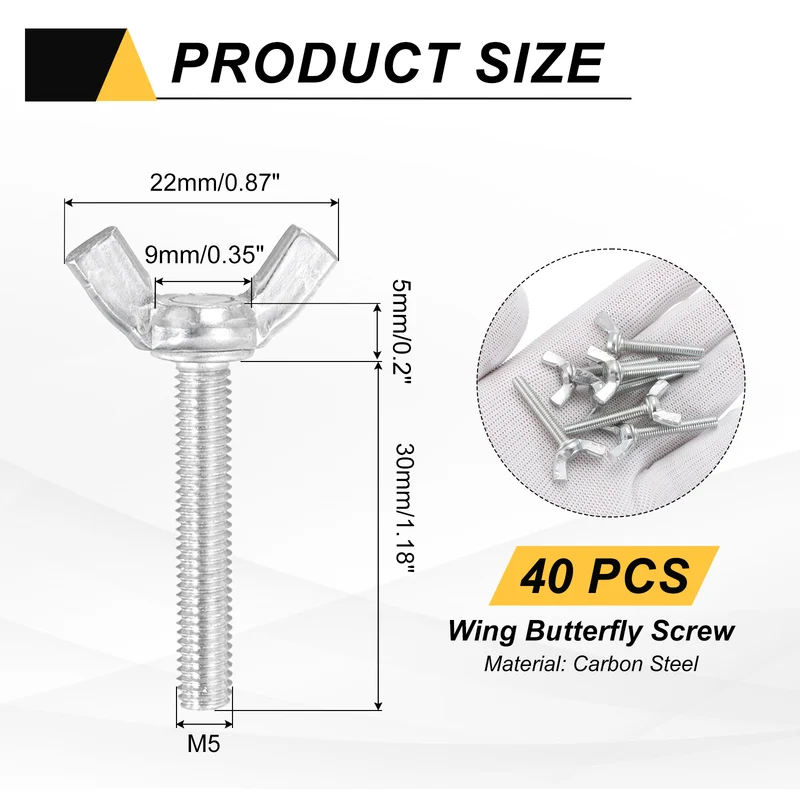 40 Pcs M5x30mm Wing Butterfly Screw Bolts, Carbon Steel Zinc Plated Wing Bolt