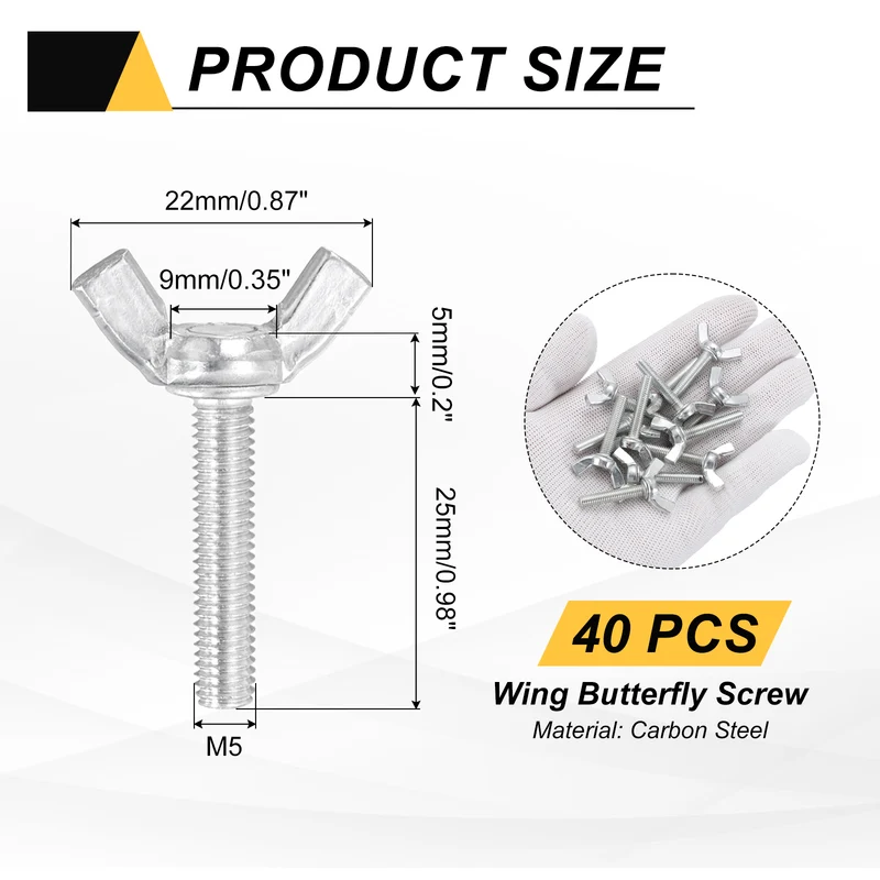 40 Pcs M5x25mm Wing Butterfly Screw Bolts, Carbon Steel Zinc Plated Wing Bolt