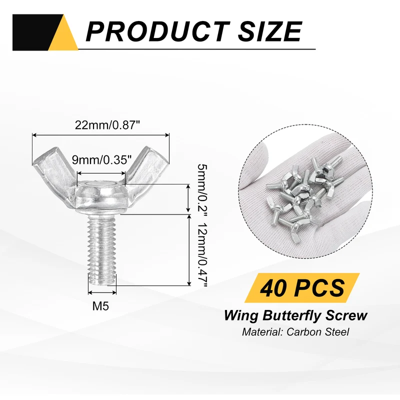 40 Pcs M5x12mm Wing Butterfly Screw Bolts, Carbon Steel Zinc Plated Wing Bolt
