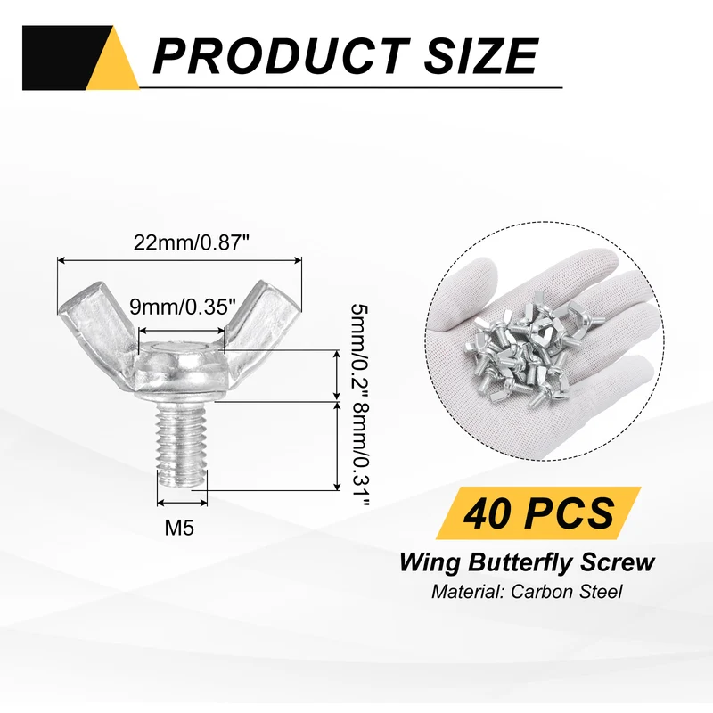 40 Pcs M5x8mm Wing Butterfly Screw Bolts, Carbon Steel Zinc Plated Wing Bolt