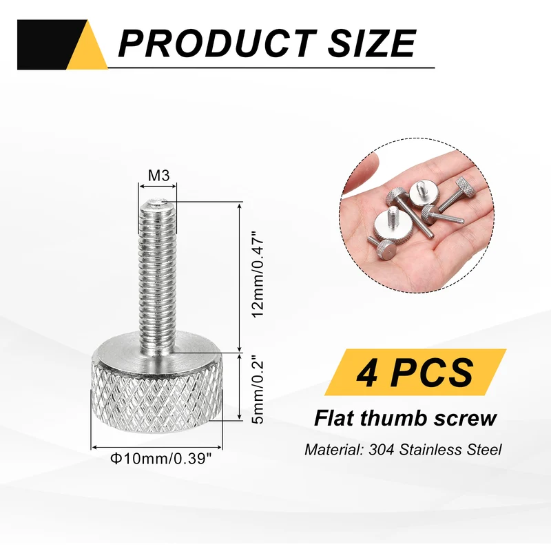 4 Pcs M3x12mm Flat Head Knurled Thumb Screws for Graphics Card, Silver