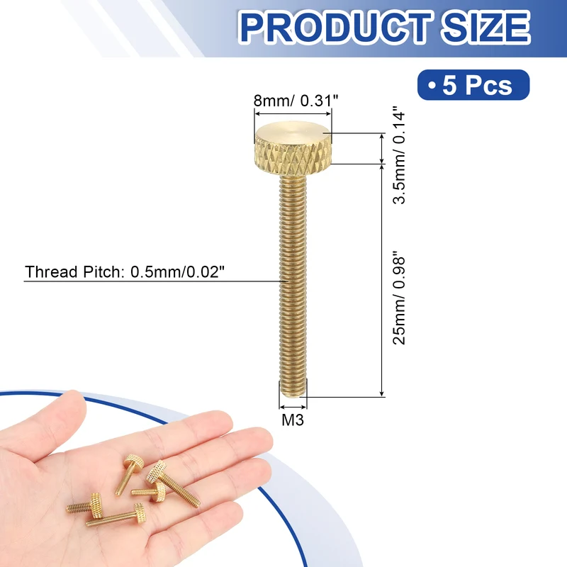 5Pcs Brass Knurled Thumb Screws M3x25mm Flat Grip Bolt Knobs Fasteners