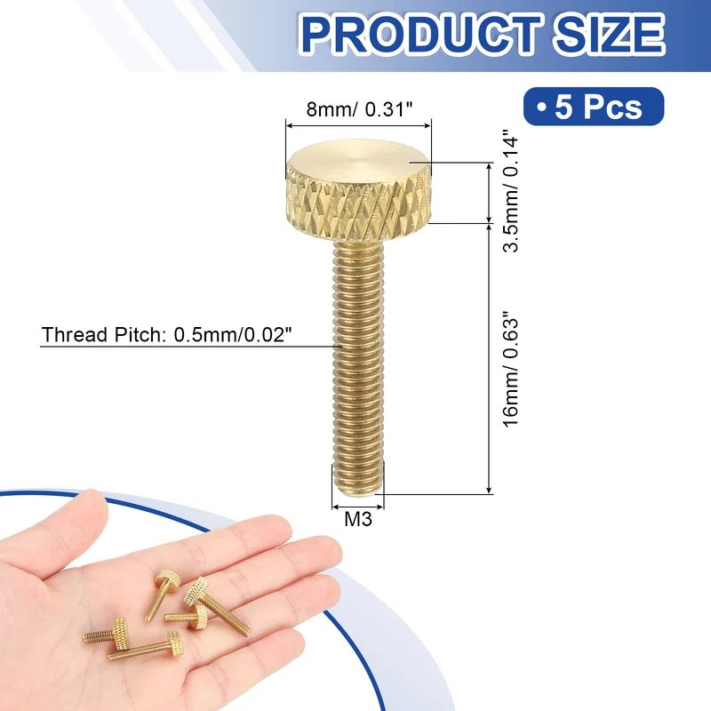 5Pcs Brass Knurled Thumb Screws, M3x16mm Flat Grip Bolt Knobs Fasteners