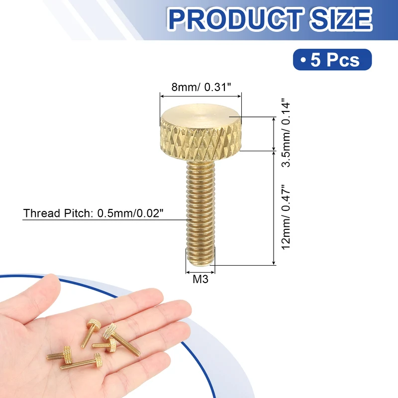 5Pcs Brass Knurled Thumb Screws M3x12mm Flat Grip Bolt Knobs Fasteners