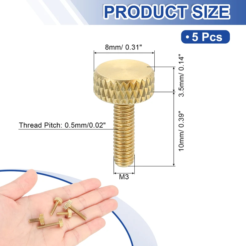 5Pcs Brass Knurled Thumb Screws, M3x10mm Flat Grip Bolt Knobs Fasteners