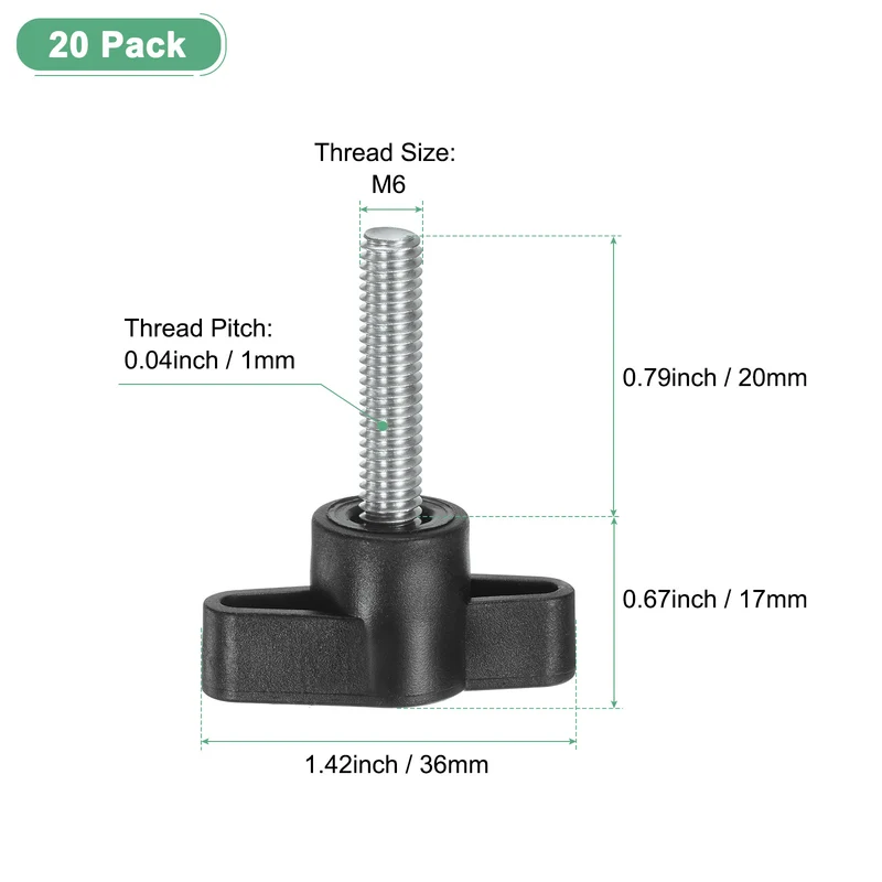 20-Pack Thumb Screws, M6x20mm Tee Wing Knobs, Carbon Steel T Handles Knob