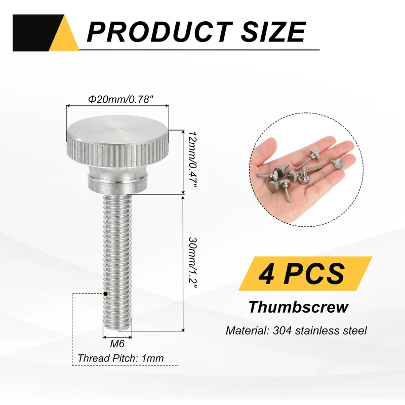 4 PCS M6 x 30mm Flat Knurled Head Thumb Screws for Household Appliances