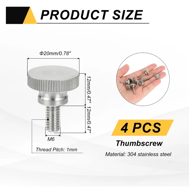 4PCS M6 x 12mm Flat Knurled Head Thumb Screws for Household Appliances