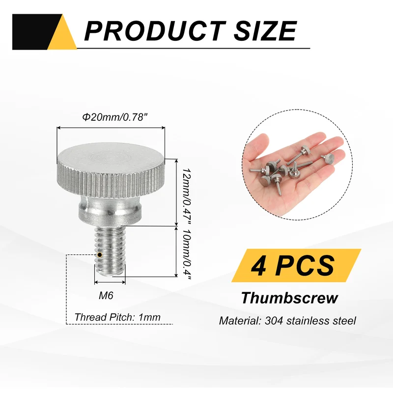4 PCS M6 x 10mm Flat Knurled Head Thumb Screws for Household Appliances