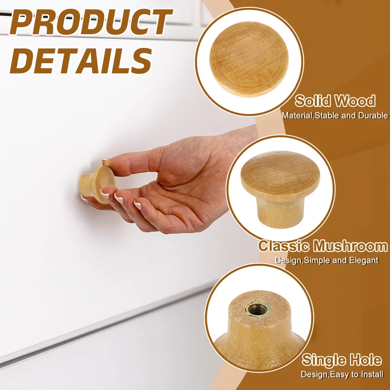 4Pcs 0.9" Dia Mushroom Shape Paint Round Wood Drawer Knob with Screws