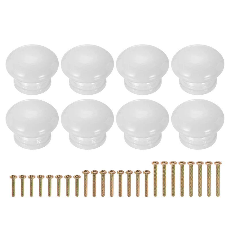 8Pcs 1.3" Dia Mushroom Shape Paint Round Wood Drawer Knob with Screws, White