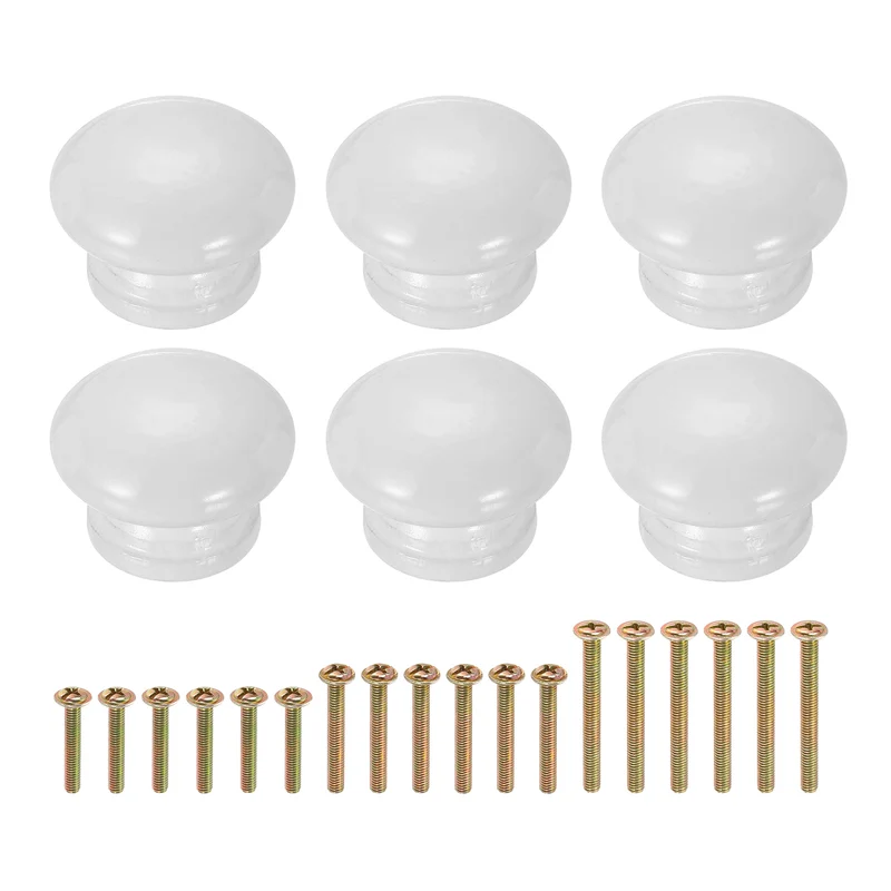 6Pcs 1.3" Dia Mushroom Shape Paint Round Wood Drawer Knob with Screws, White