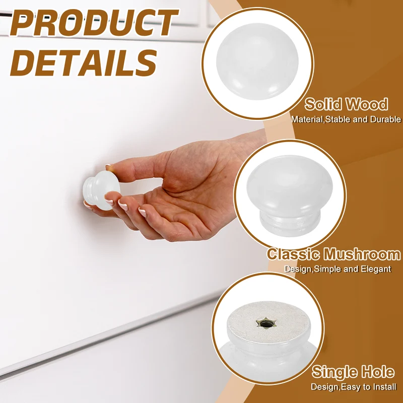 6Pcs 1.3" Dia Mushroom Shape Paint Round Wood Drawer Knob with Screws, White