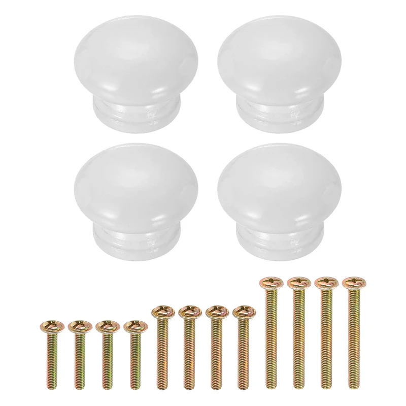 4Pcs 1.3" Dia Mushroom Shape Paint Round Wood Drawer Knob with Screws, White