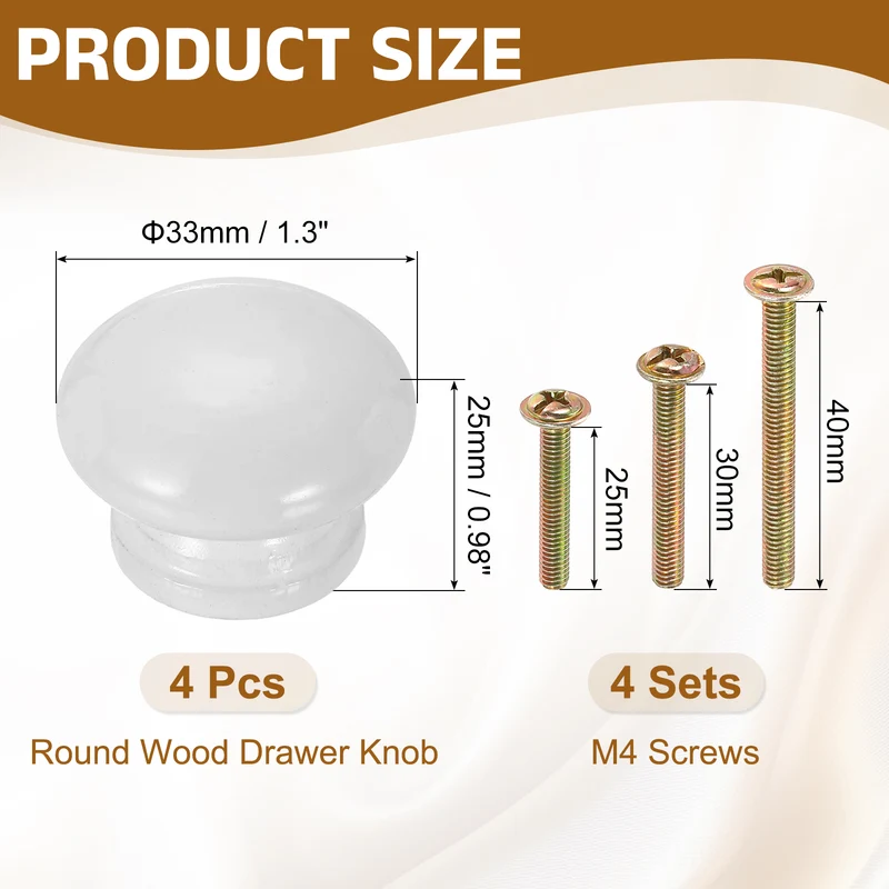 4Pcs 1.3" Dia Mushroom Shape Paint Round Wood Drawer Knob with Screws, White