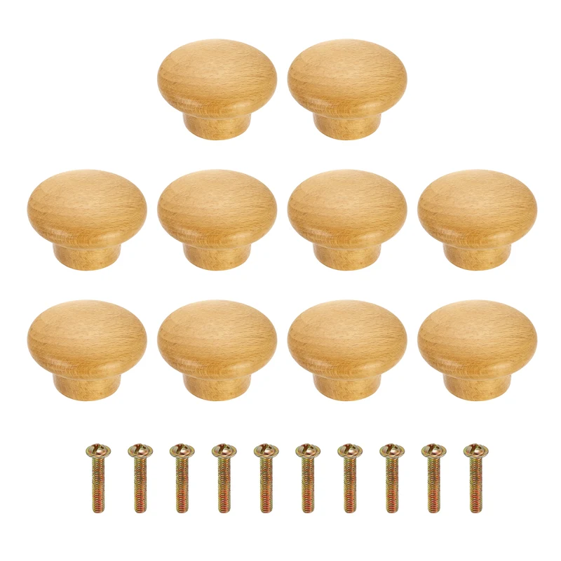 10Pcs 1.57" Round Head Round Wood Drawer Knob with Screws, Beech Color