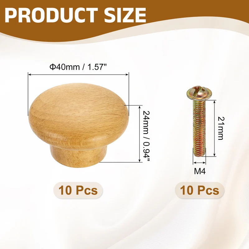 10Pcs 1.57" Round Head Round Wood Drawer Knob with Screws, Beech Color