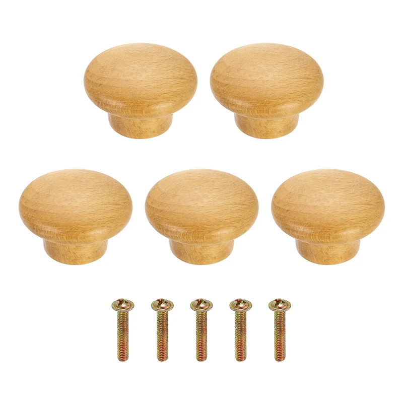 5Pcs 1.57" Round Head Round Wood Drawer Knob with Screws, Beech Color