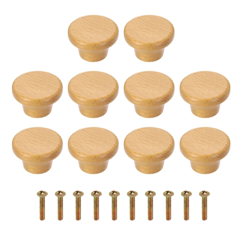 10Pcs 1.57" Flat Head Round Wood Drawer Knob with Screws, Beech Color
