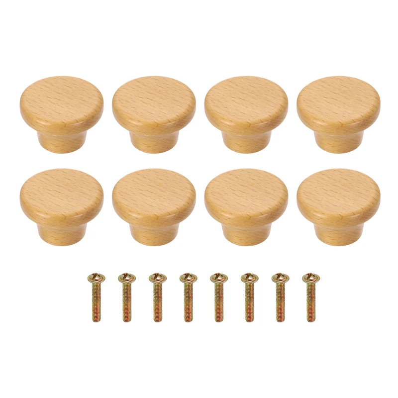 8Pcs 1.57" Flat Head Round Wood Drawer Knob with Screws, Beech Color