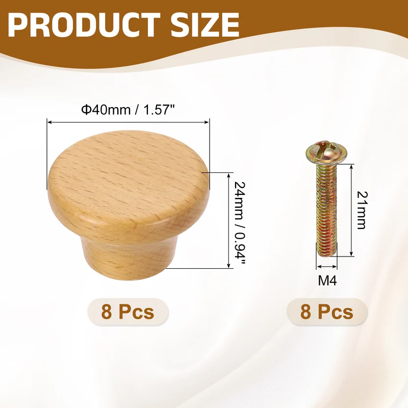8Pcs 1.57" Flat Head Round Wood Drawer Knob with Screws, Beech Color