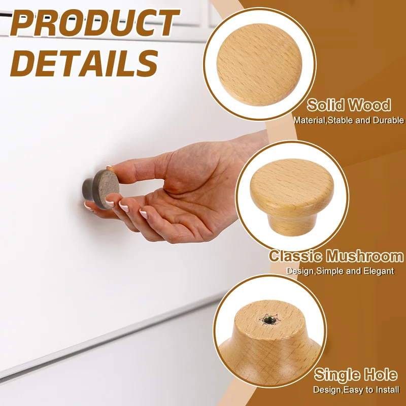 8Pcs 1.57" Flat Head Round Wood Drawer Knob with Screws, Beech Color