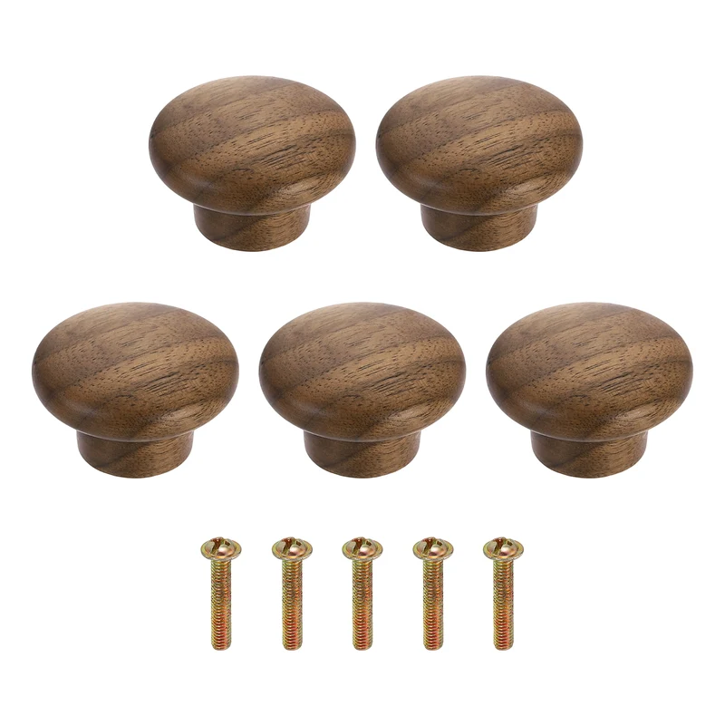 5Pcs 1.57" Round Head Round Wood Drawer Knob with Screws, Walnut