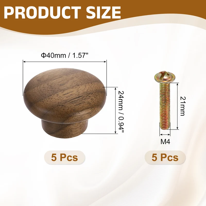 5Pcs 1.57" Round Head Round Wood Drawer Knob with Screws, Walnut