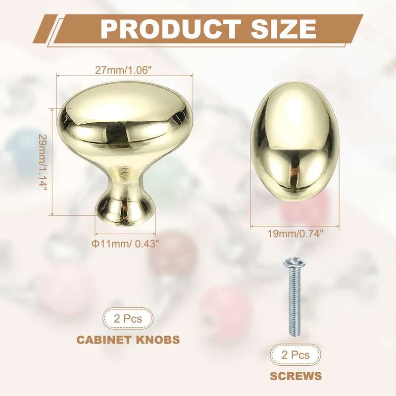 2Pcs Cabinet Knobs 1 Inch Oval Dresser Knobs Cabinet Handles Bright Gold