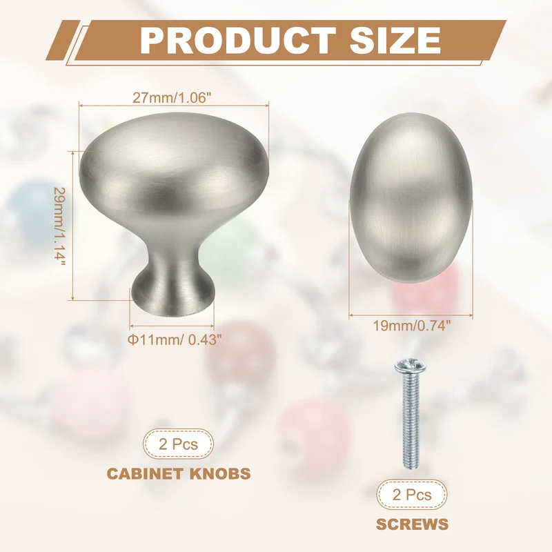 2Pcs Cabinet Knobs 1 Inch Oval Dresser Knobs Cabinet Handles Brushed Silver