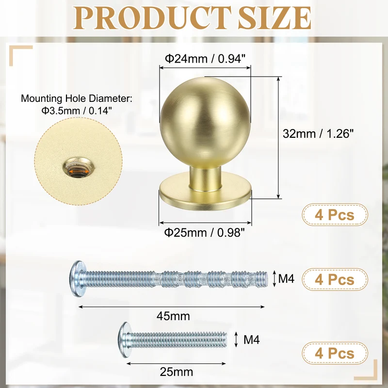 4Pcs 15/16" (24mm) Aluminum Round Cabinet Dresser Knobs Brushed Gold