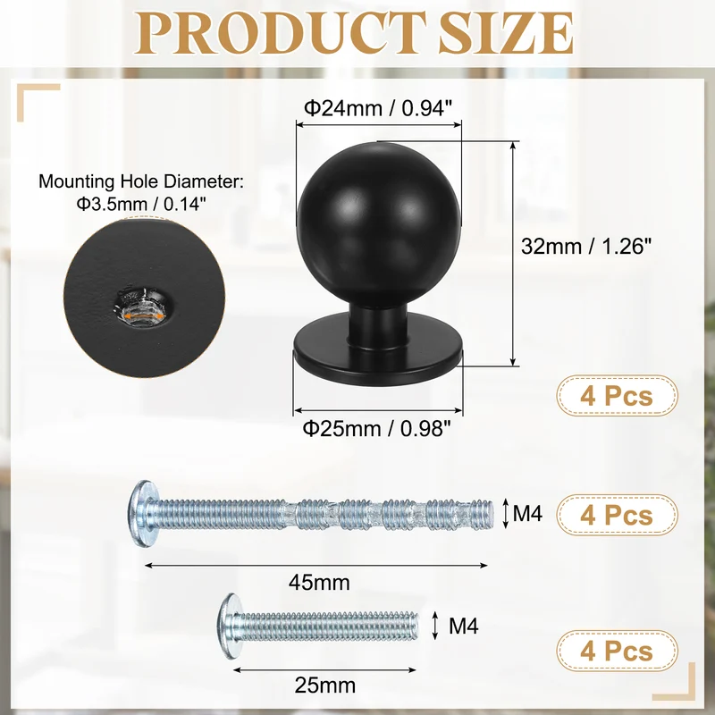 4Pcs 15/16" (24mm) Aluminum Round Cabinet Dresser Knobs Matte Black