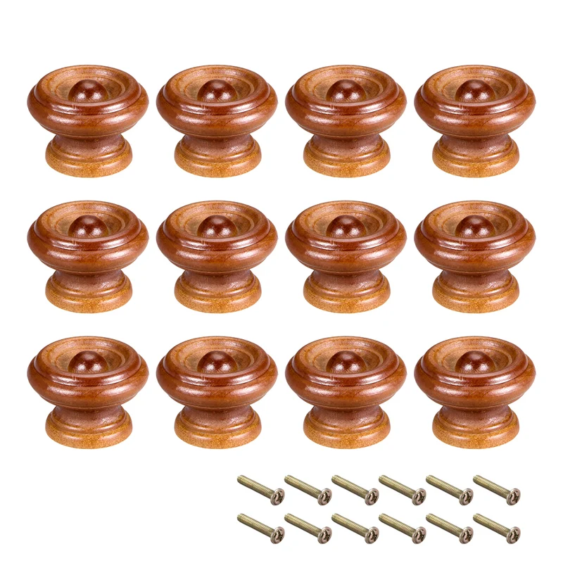 Cabinet Round Pull Knobs 37mm Dia Bedroom Kitchen Dark Red Wood 12pcs
