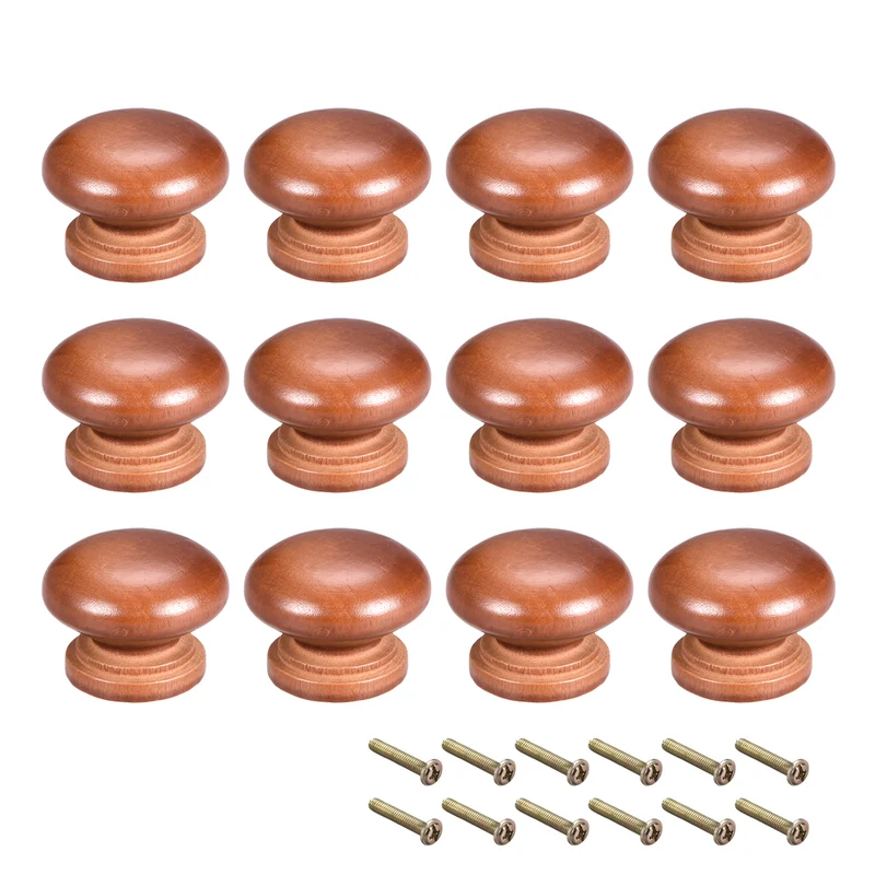 Cabinet Round Pull Knobs 35mm Dia Bedroom Kitchen Dark Red Wood 12pcs