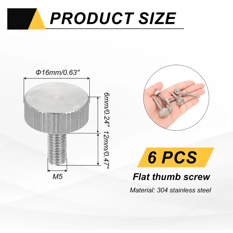 6 PCS M5 x 12mm Flat Knurled Head Thumb Screws for Industry