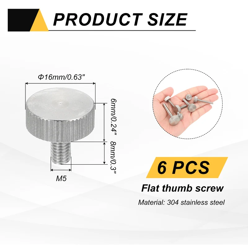 6 PCS M5 x 8mm Flat Knurled Head Thumb Screws for Industry