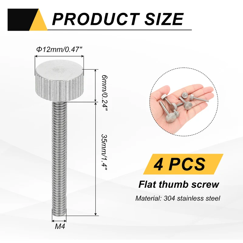 4 PCS M4 x 35mm Flat Knurled Head Thumb Screws for Industry