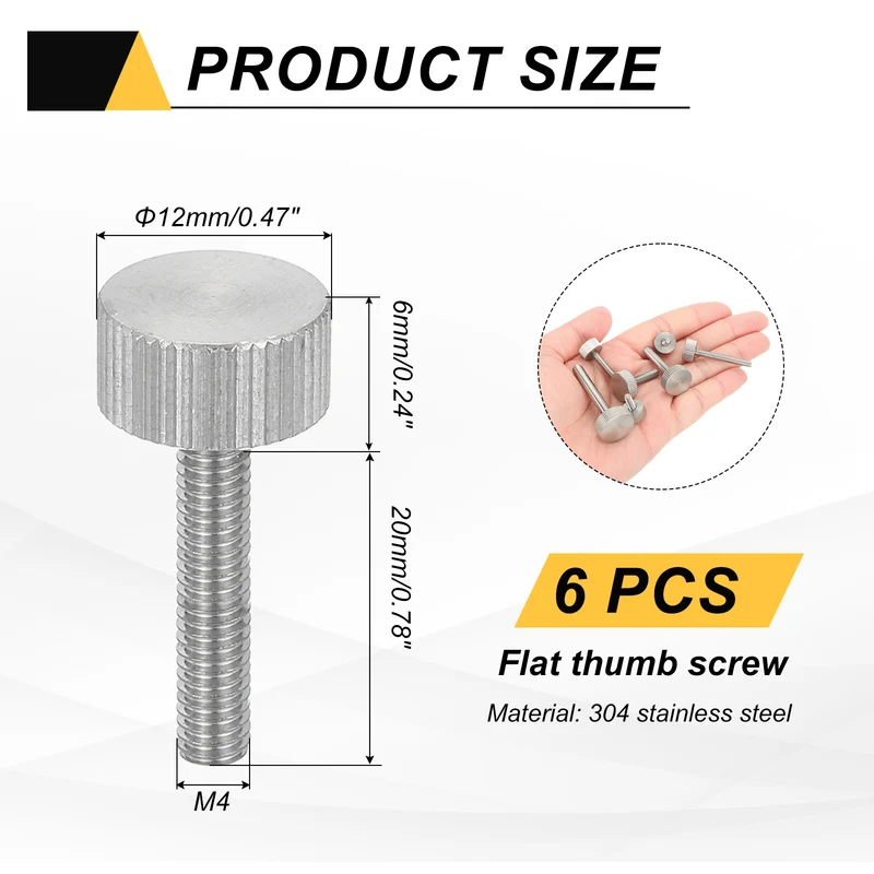 6 PCS M4 x 20mm Flat Knurled Head Thumb Screws for Industry