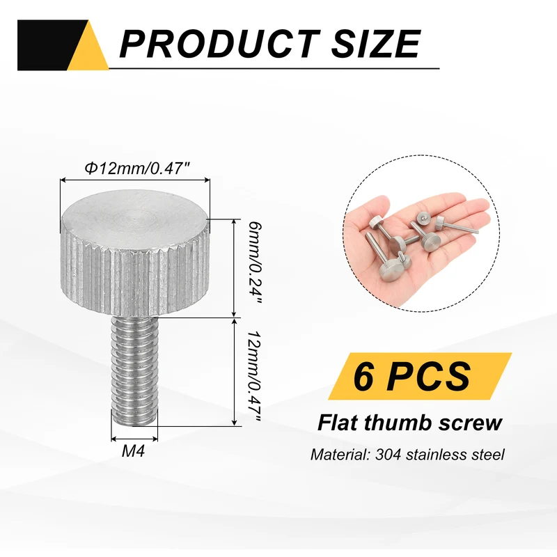6 PCS M4 x 12mm Flat Knurled Head Thumb Screws for Industry
