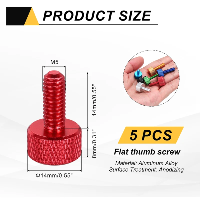 5Pcs M5x14mm Flat Head Knurled Thumb Screws for Graphics Card Red