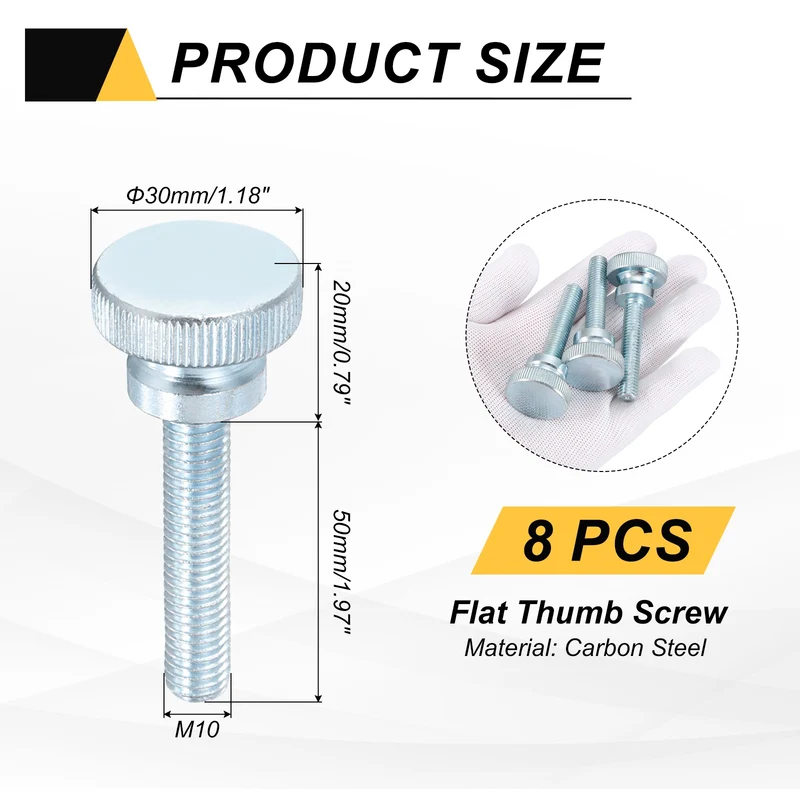 8 Pcs M10x50mm Zinc Plated Flat Knurled Fully Threaded Thumb Screws